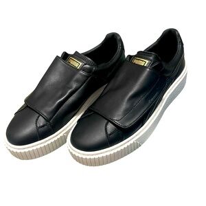 💚💚🌼Puma Basket Platform Strap Black Leather Slip-Ons with White Sole